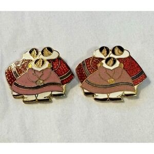 2 Enamel Alaskan Inuit Women Pin Brooch Barbara Lavallee Vintage Cloisonné Gold